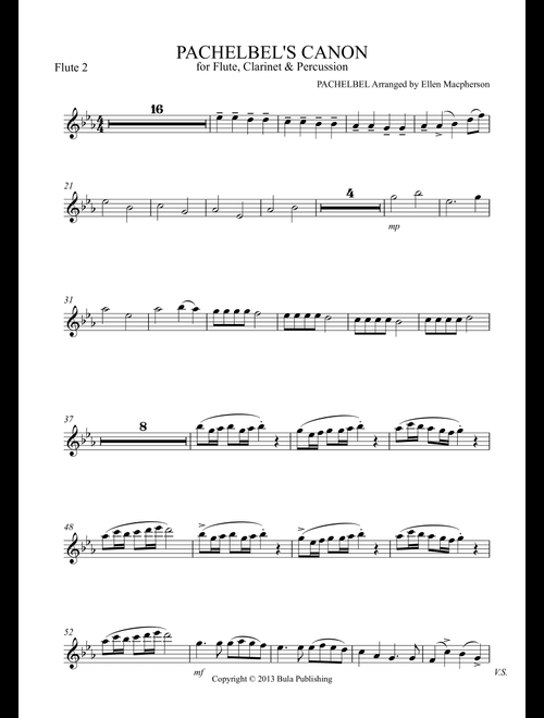 Pachelbel's Cannon - for Flute, Clarinet & Percussion - FLUTE 2 part (Arr. Ellen Macpherson) (Flute Solo)