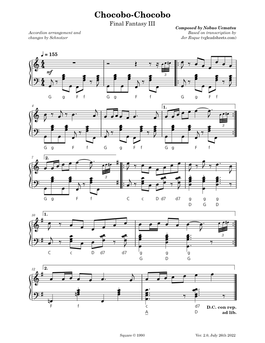Chocobo-Chocobo - Final Fantasy 3 Sheet Music for Accordion
