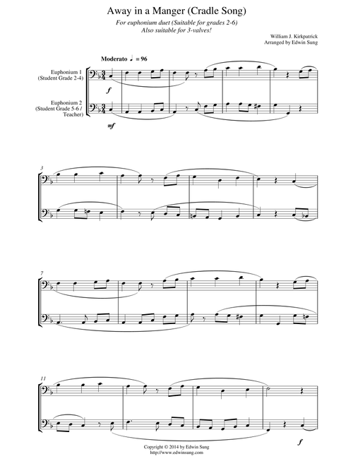 Away in a Manger (Cradle Song) (for euphonium duet (bass clef, 3 or 4 valved), suitable for grades 2 (Arr. Edwin Sung) - William J. Kirkpatrick (Euphonium Solo)