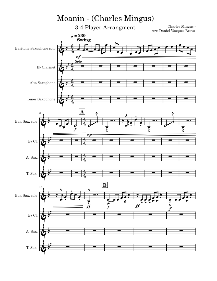 Moanin Charles Mingus 4 Player Arrangment Sheet music for