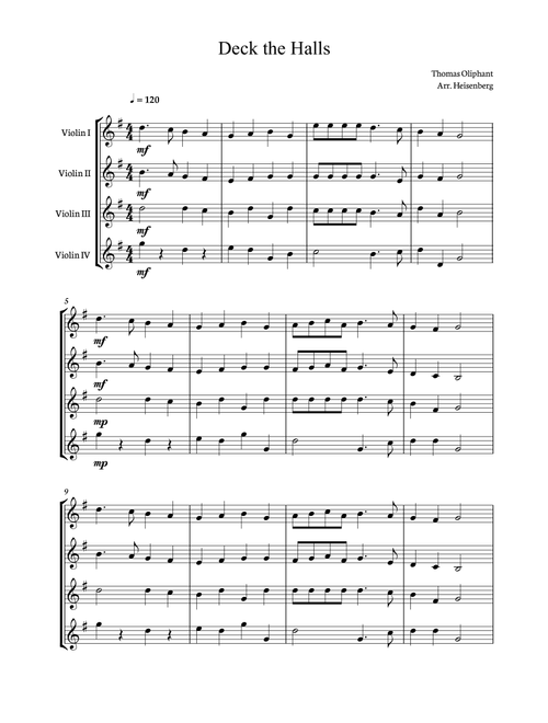 Deck The Halls for String Quartet (4 violins). Score and parts included. (Arr. Heisenberg) - Thomas Oliphant (Small Ensemble)
