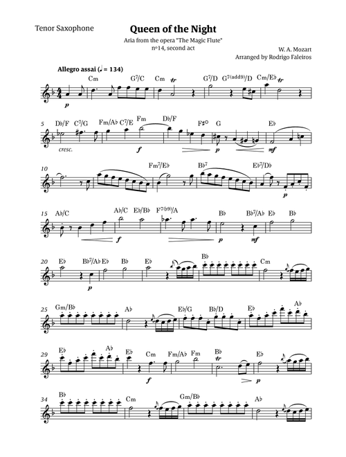 Queen of the Night - for solo tenor saxophone (with chords) (Arr. Rodrigo Faleiros) - Mozart, W A Mozart (Tenor Sax Solo)