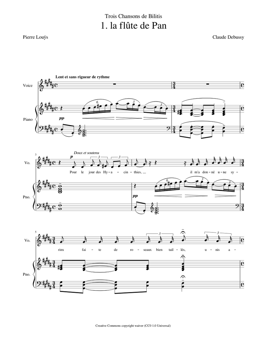 Debussy Claude Trois Chansons de Bilitis No 1 La flute de Pan Sheet music for Piano Vocals Piano Voice Musescore