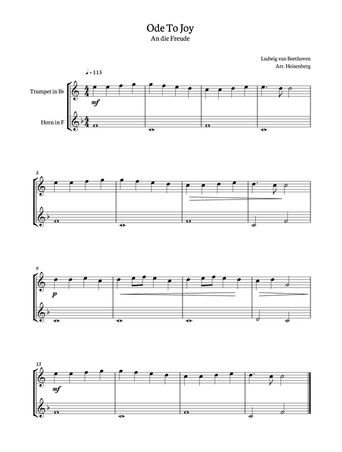 Ode to Joy for trumpet and Horn. (Arr. Heisenberg) - Beethoven (Instrumental Duet)