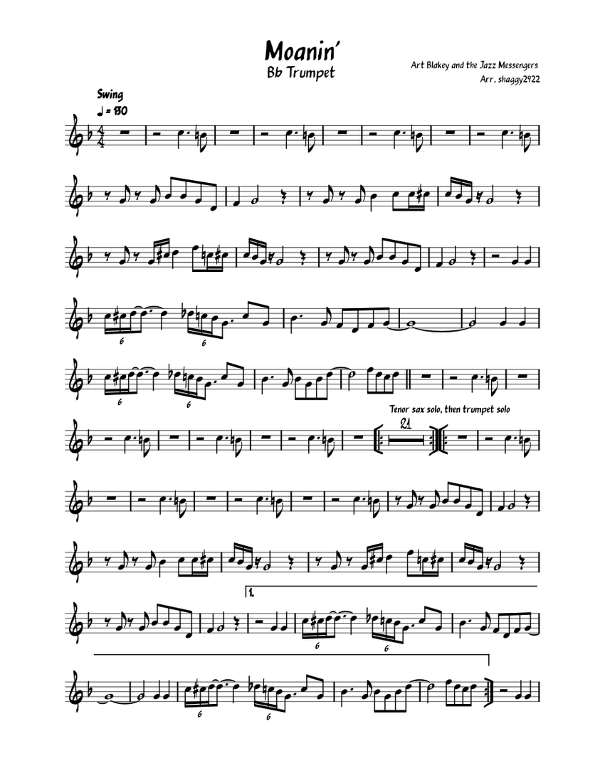 Moanin' – Art Blakey & The Jazz Messengers Sheet Music for Trumpet in b ...