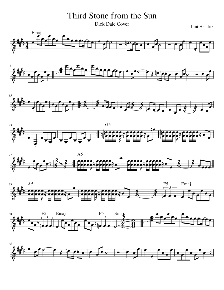 Third Stone from the Sun - Dick Dale Cover Sheet Music with Chords for ...