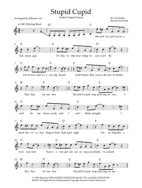 Stupid Cupid (Arr. Johnson Lee) - Connie Francis (Lead Sheet - Fake Book)