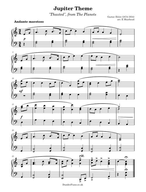 Jupiter Theme, arranged for piano - Gustav Holst