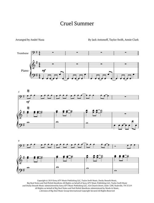 Cruel Summer (Arr. André Nusa) - Taylor Swift (Trombone and Piano)