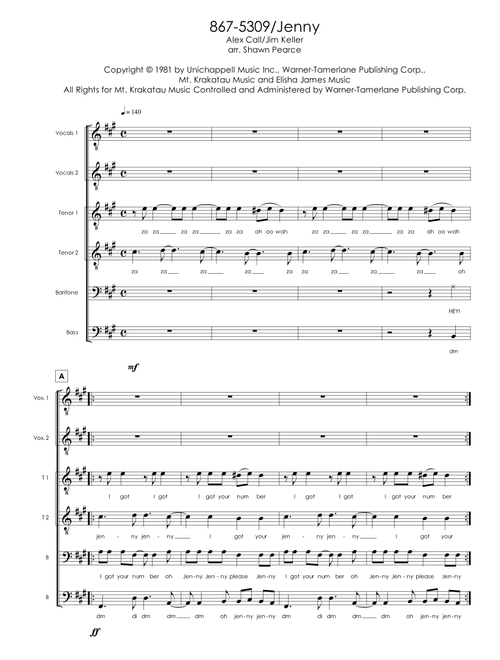 867-5309/jenny (Arr. Shawn Pearce) - Tommy Tutone (Choral, TTBB)