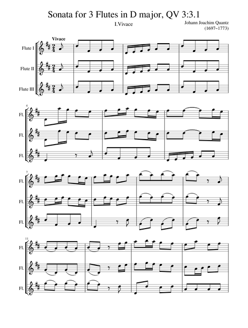 Johann Joachim Quantz (1697-1773) - Sonata for 3 Flutes in D major, QV 3:3.1 I.Vivace