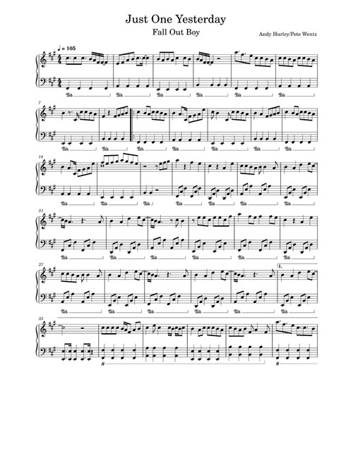 Just One Yesterday (Arr. Fall Out Boy) (Piano Solo)