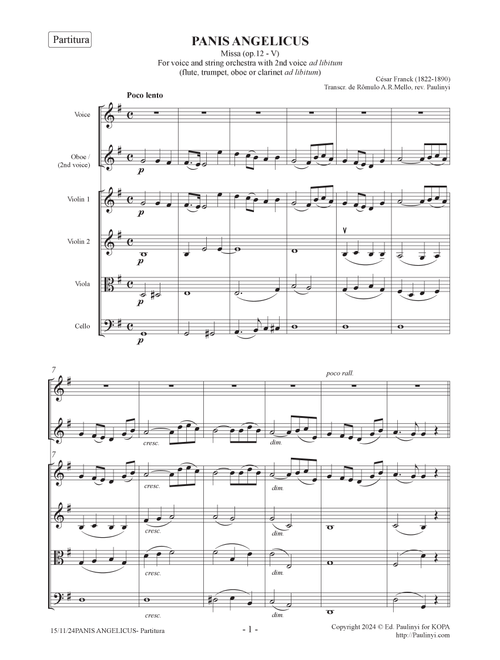 Cesar Franck's Panis Angelicus for voice and strings (2nd voice/winds ad libitum) Ed. Paulinyi (Arr. Zoltan Paulinyi) - César Franck (Small Ensemble)