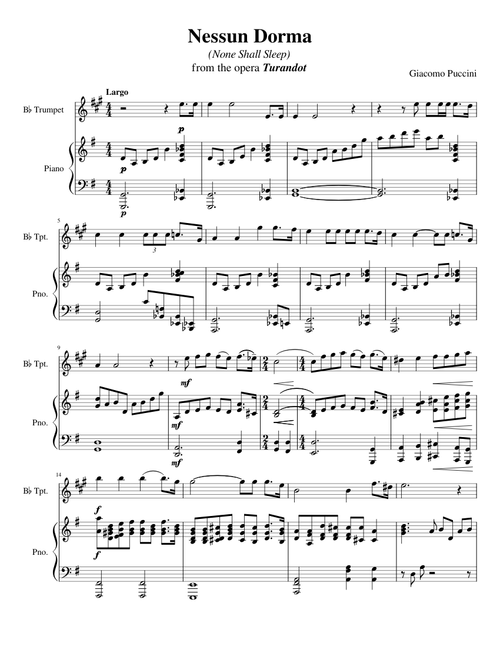 Nessun Dorma for Trumpet Solo with Piano Accompaniment