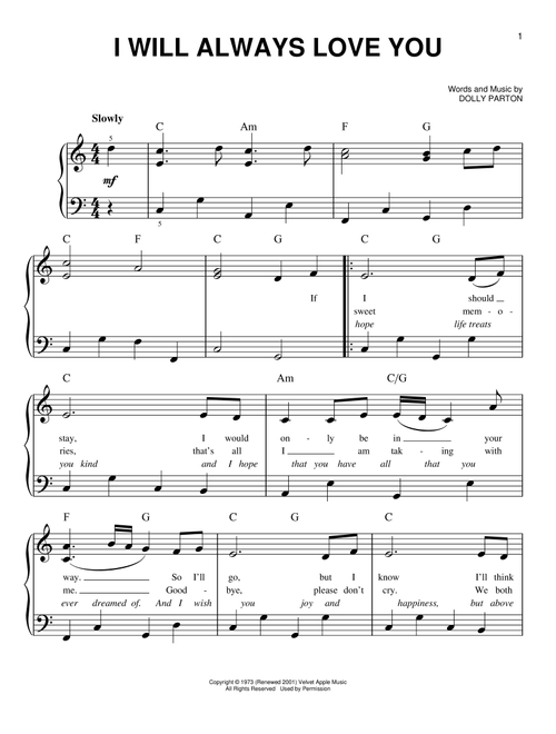 I Will Always Love You - Dolly Parton, Whitney Houston (Very Easy Piano)
