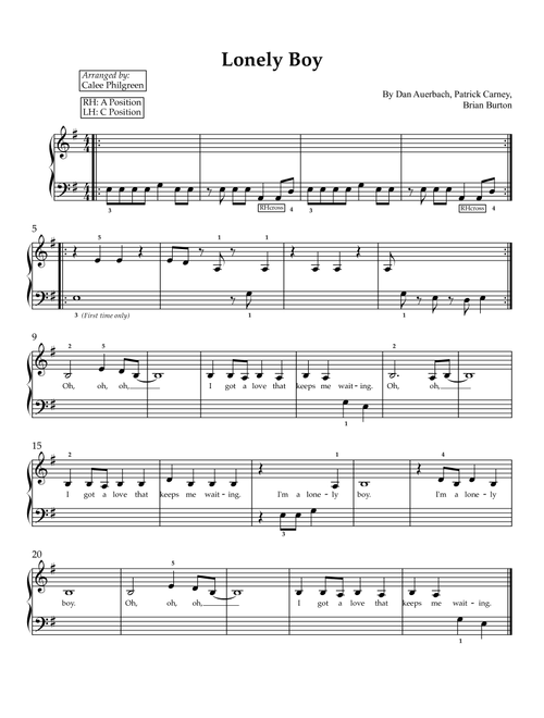 Lonely Boy (Arr. Calee Philgreen) - The Black Keys (Easy Piano)
