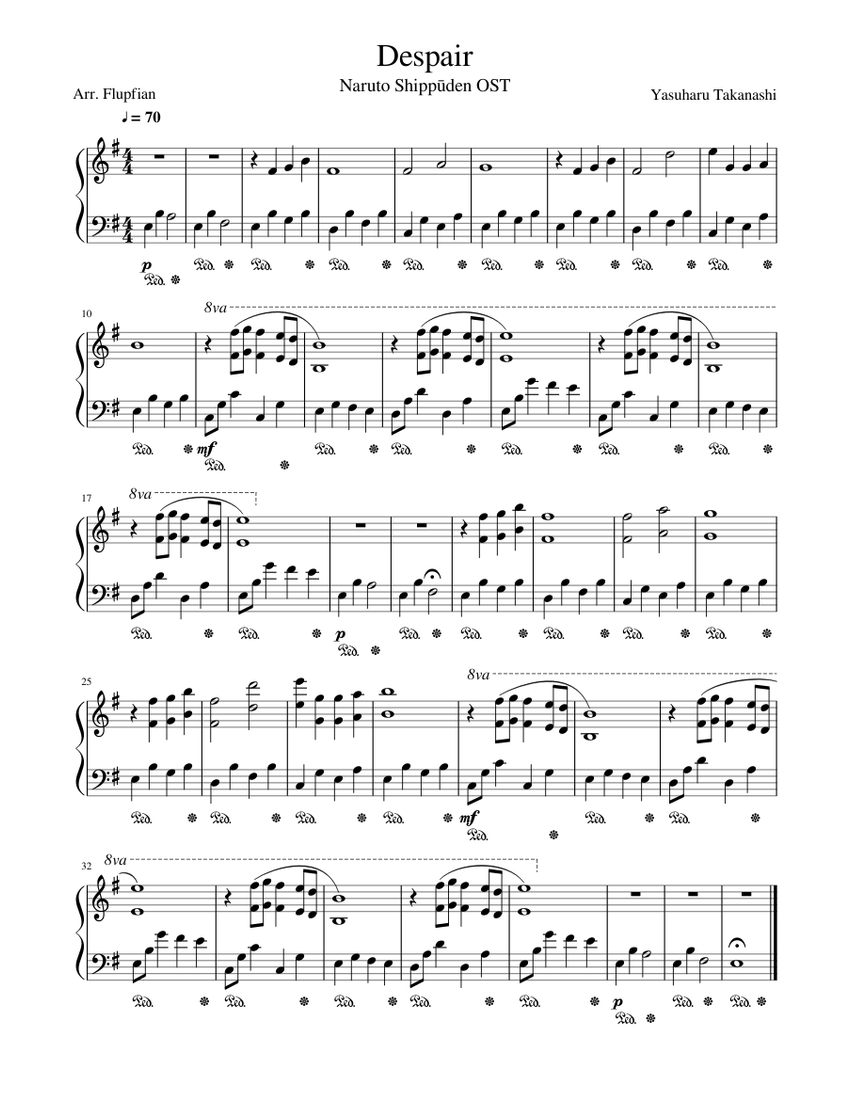 Despair Naruto Shippūden OST Sheet Music for Piano (Solo) Easy