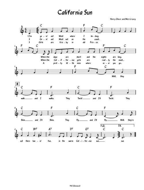California Sun  (Lead sheet with lyrics )