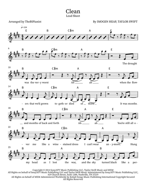 Clean (Arr. TheBiPianist) - Taylor Swift (Lead Sheet - Fake Book)