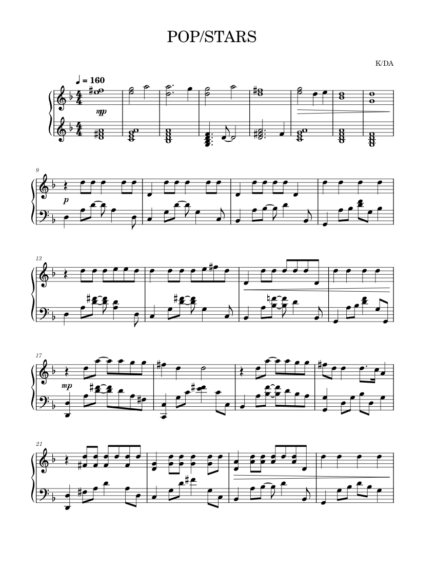 Pop Stars K Da Sheet Music For Piano Solo Musescore