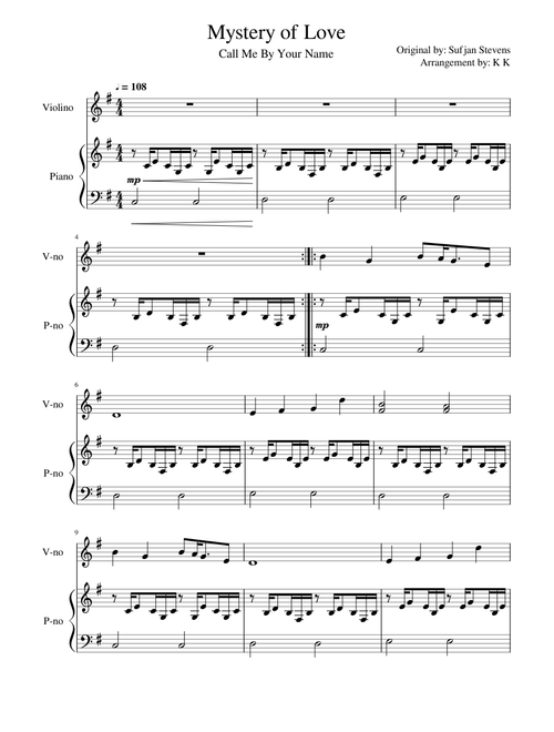 Mystery of Love from Call me by Your Name - Piano & Violin duet