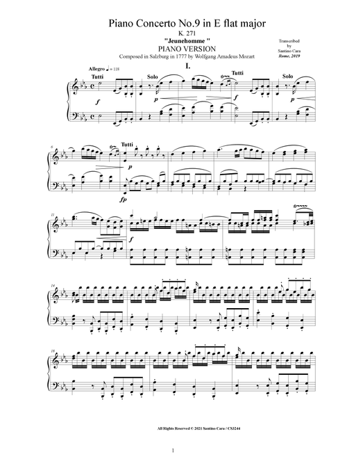 Mozart - Piano Concerto No.9 in E flat major - Jeunehomme - K 271 - Piano Version (Arr. Santino Cara) (Piano Solo)