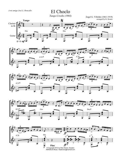 El choclo for clarinet in Bb and guitar (Arr. K. Krantz) - A. Villoldo (Instrumental Duet)