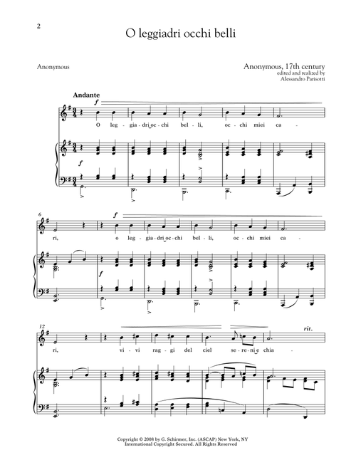 O Leggiadri Occhi Belli (Medium Low Voice) (Ed. Alessandro Parisotti (ed.)) - Anonymous 17th Century (Piano Vocal)