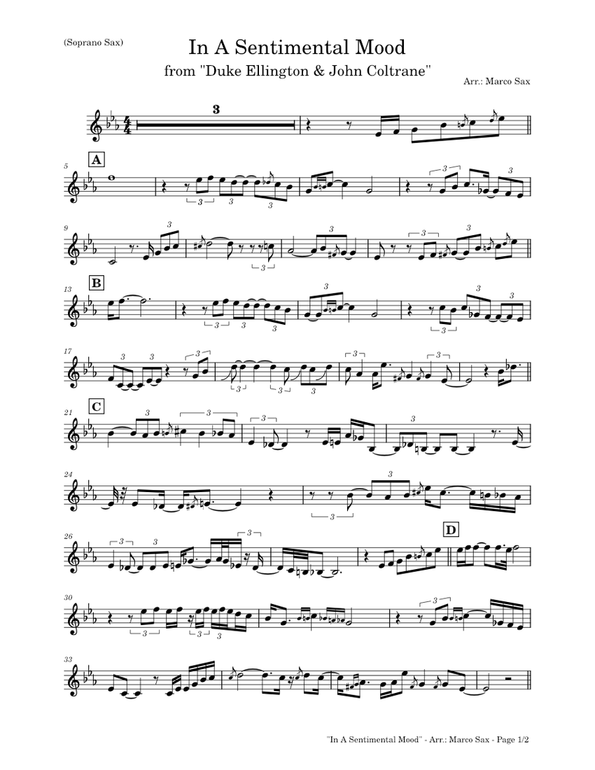 In A Sentimental Mood John Coltrane (Soprano sax) Sheet music for