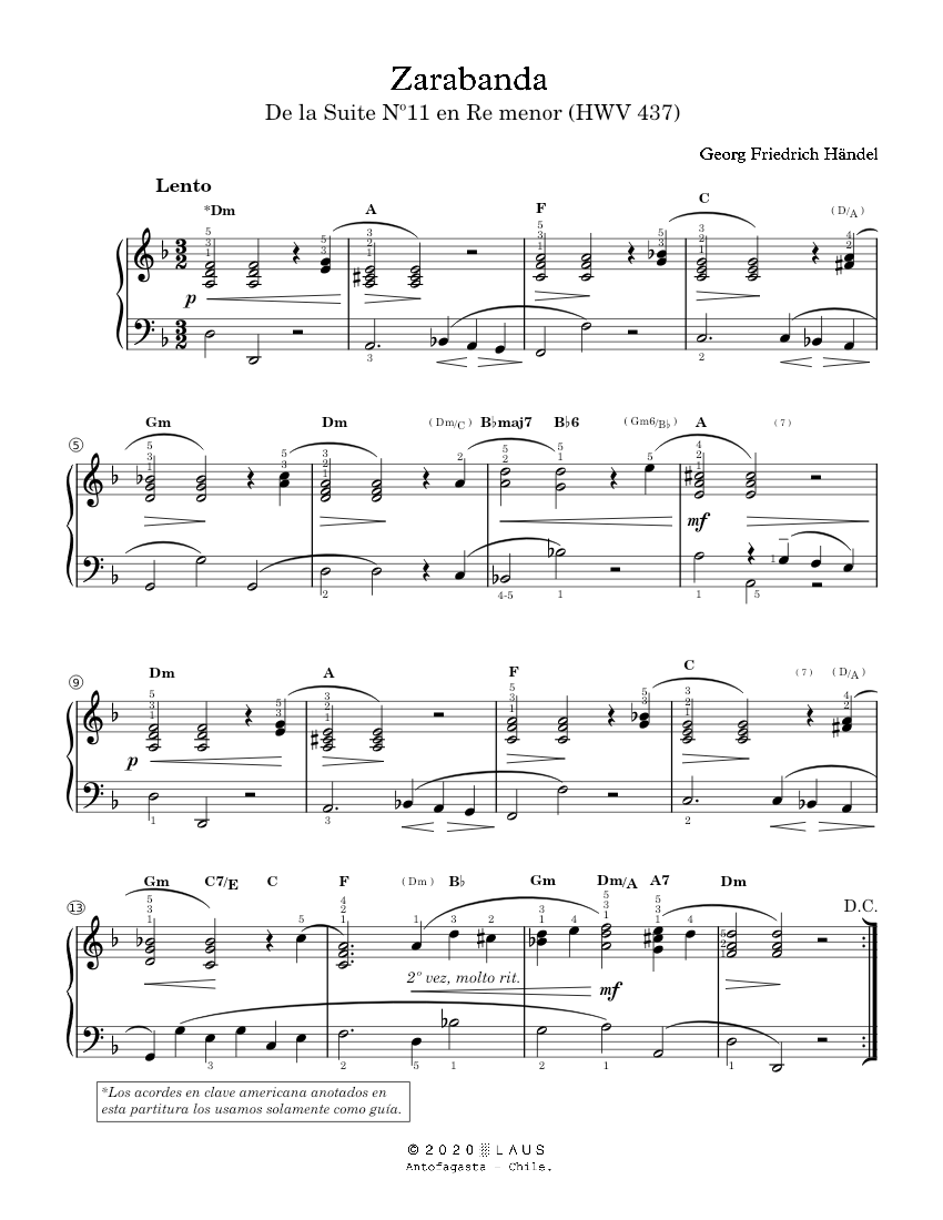 Zarabanda (Sarabande) Sheet Music with Chords for Piano