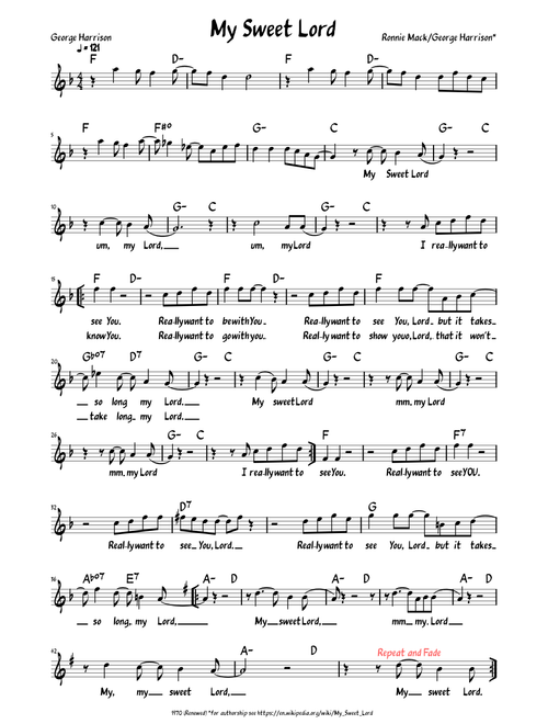 My Sweet Lord (Lead sheet with lyrics )