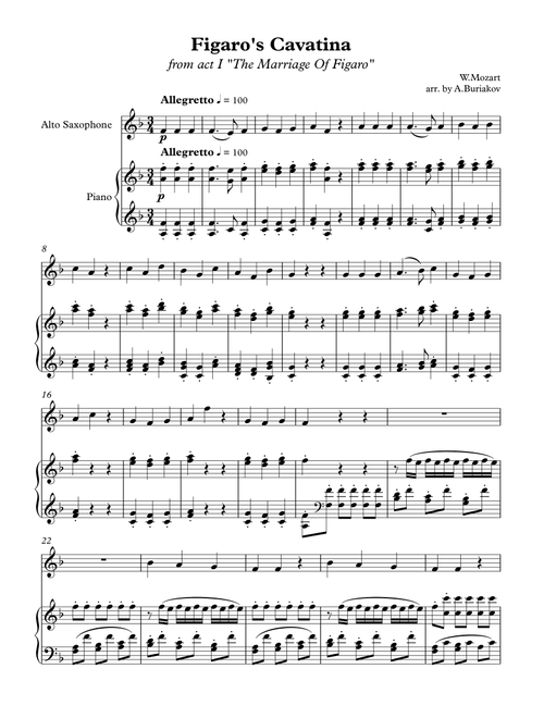 Figaro's Cavatine from act I "The marriage of Figaro" alto saxophone (Arr. A.Buriakov) - W.Mozart (Alto Sax and Piano)