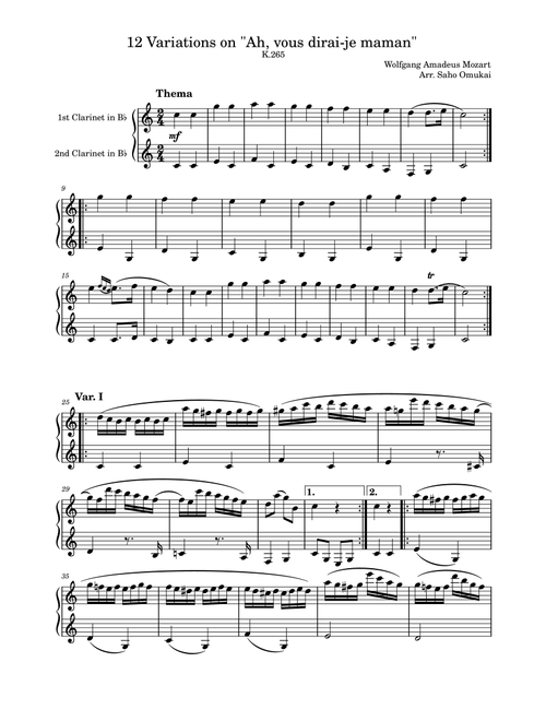 W.A.Mozart: 12 Variations on "Ah, vous dirai-je maman" K.265 for two clarinets. (Arr. Saho Omukai) (Clarinet Duet)