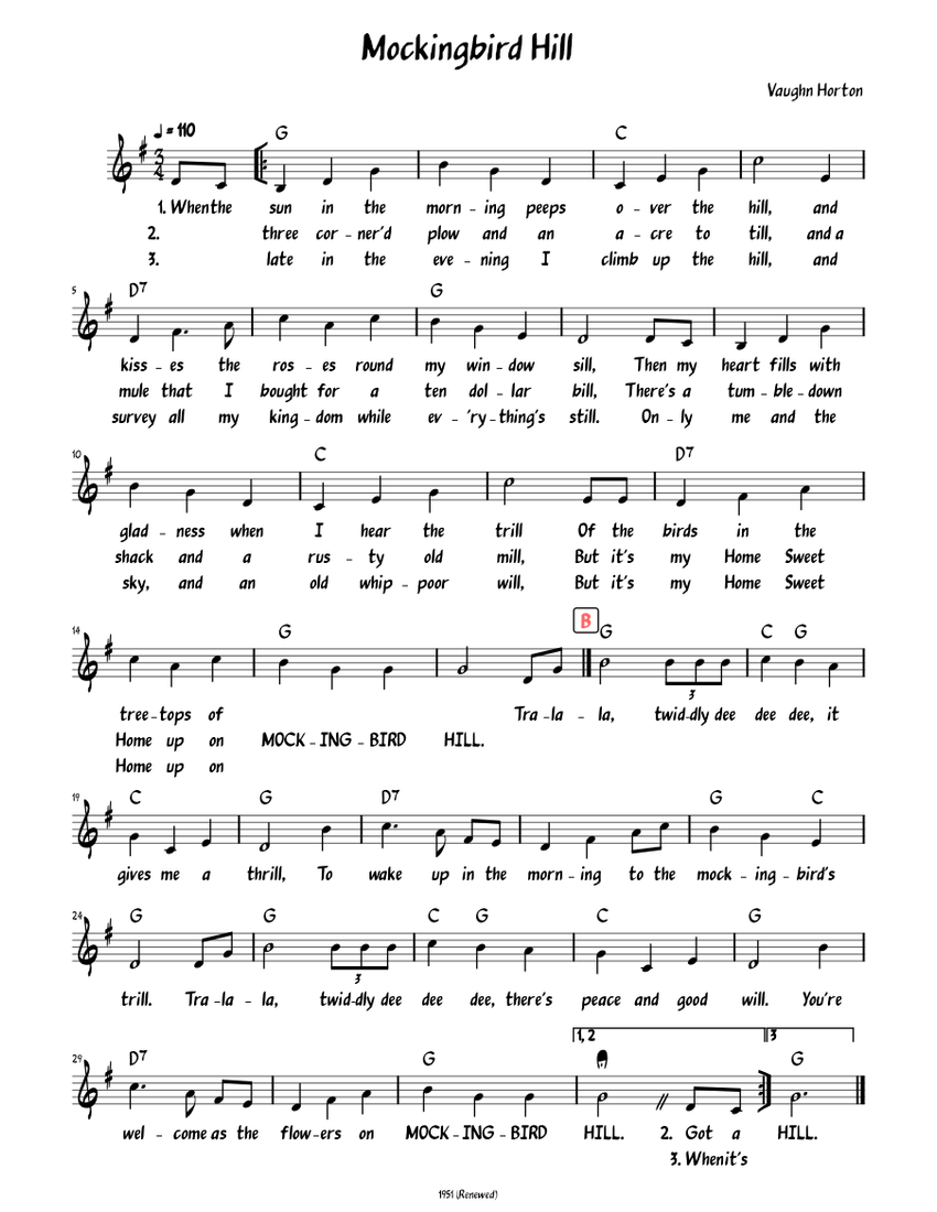 Mockingbird Hill (Lead sheet with lyrics ) Sheet music for Piano (Solo