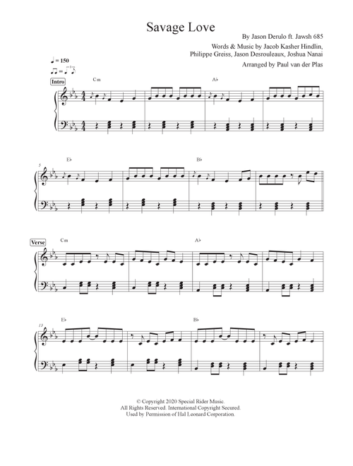 Savage Love (Arr. Paul van der Plas) - Jason Derulo & Jawsh 685 (Piano Solo)