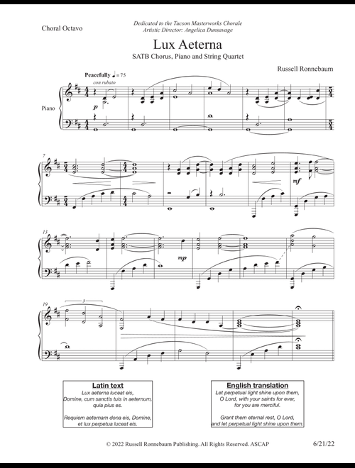 Lux Aeterna (SATB+Piano) by Russell Ronnebaum (Choral, SATB)