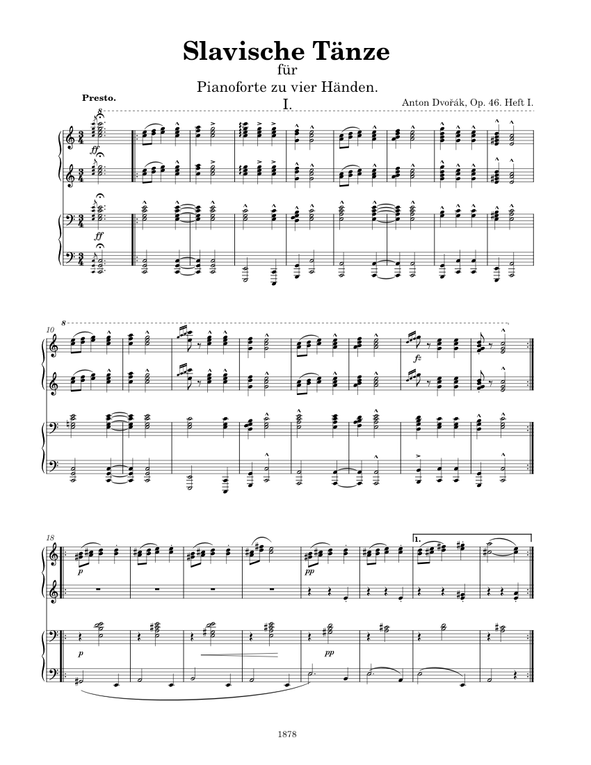 Slavonic Dances Op 46 No 1 - Furiant (1878) Sheet Music for Piano