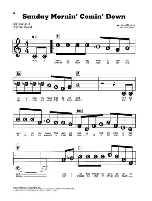 Sunday Mornin' Comin' Down - Johnny Cash, Kris Kristofferson (E-Z Play Today)