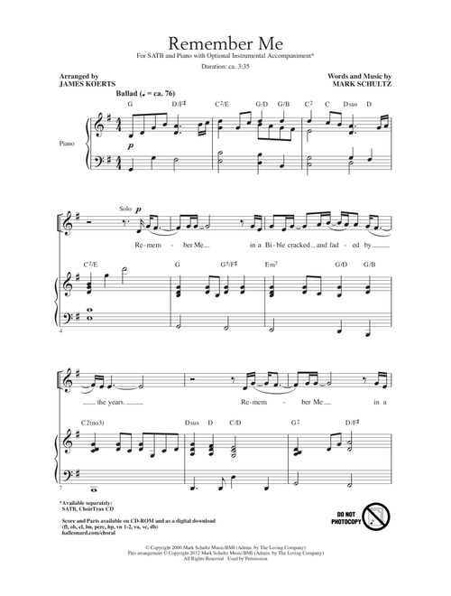 Remember Me (Arr. Mark Schultz) (Choral, SATB)