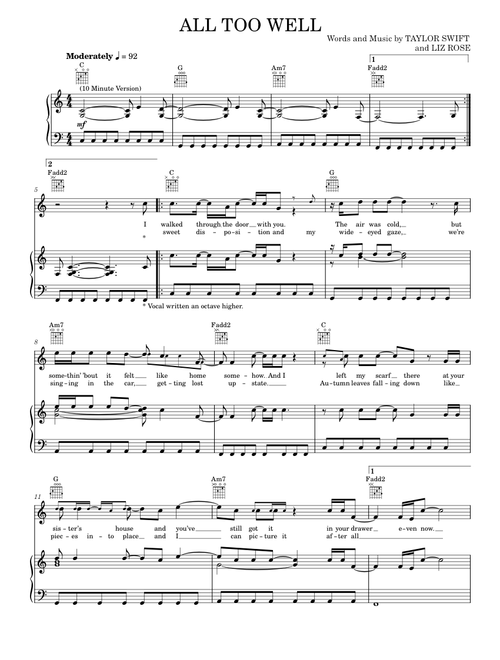 All Too Well (10 Minute Version) (Taylor's Version) (From The Vault) - Taylor Swift (Piano-Vocal-Guitar)