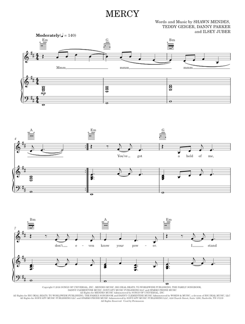 Mercy - Shawn Mendes (Piano-Vocal-Guitar)