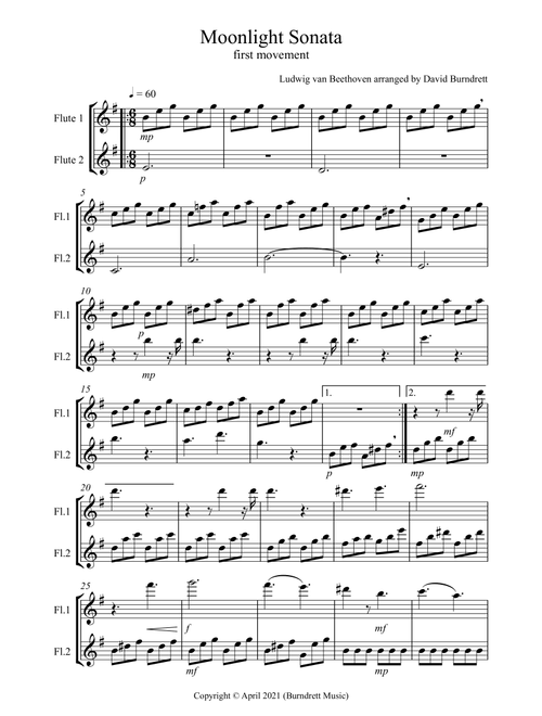 Moonlight Sonata (1st movement) for Flute Duet (Arr. David Burndrett) - Ludwig Van Beethoven (Flute Solo)