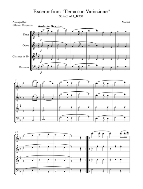 Excerpt from sonate k331 - "Tema con Variazione" (Arr. Gildson Cerqueira) - Mozart (Woodwind Ensemble)