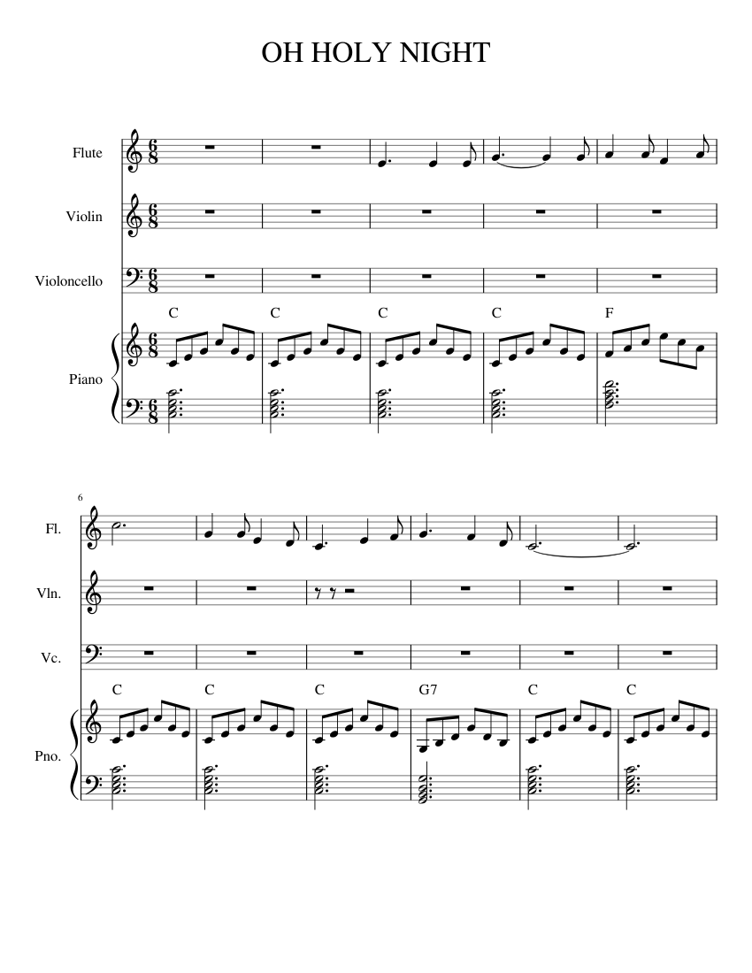 OH HOLY NIGHT Sheet music for Piano Flute Violin Cello Mixed Quartet Musescore