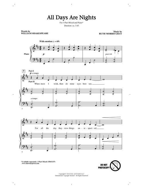 All Days Are Nights - Ruth Morris Gray (Choral, 3-Part Mixed)
