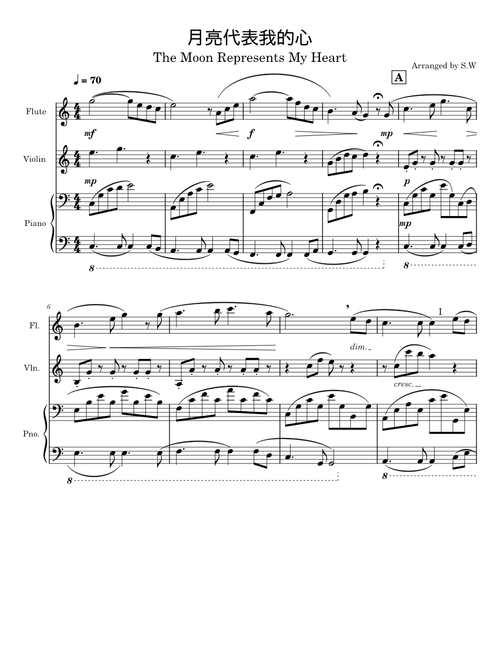 The Moon Represents My Heart 月亮代表我的心 – Teresa Teng. For Violin, Flute and Piano, arranged by S.W