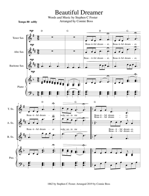 Beautiful Dreamer Key of F Alto, Tenor & Baritone Saxophone Trio (Arr. Connie Boss) - Stephen C Foster (Small Ensemble)