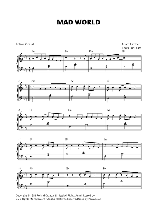 Mad World (Arr. Cadenza Editions) - Adam Lambert (Piano Vocal)