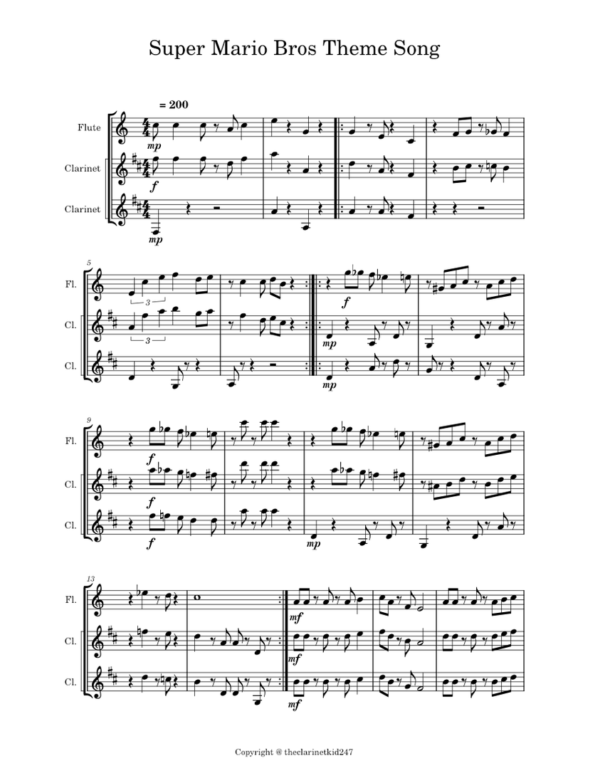 Super Mario Bros - Overworld – Koji Kondo - Clarinet & Flute Trio Sheet ...