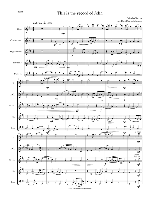 This is the record of John for wind quintet with flute, clarinet in A, cor anglais, horn and bassoon (Arr. David Warin Solomons) - Orlando Gibbons (Woodwind Ensemble)